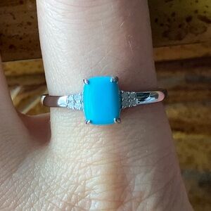 Sleeping Beauty Turquoise White Diamond Sterling Silver Ring Size 10